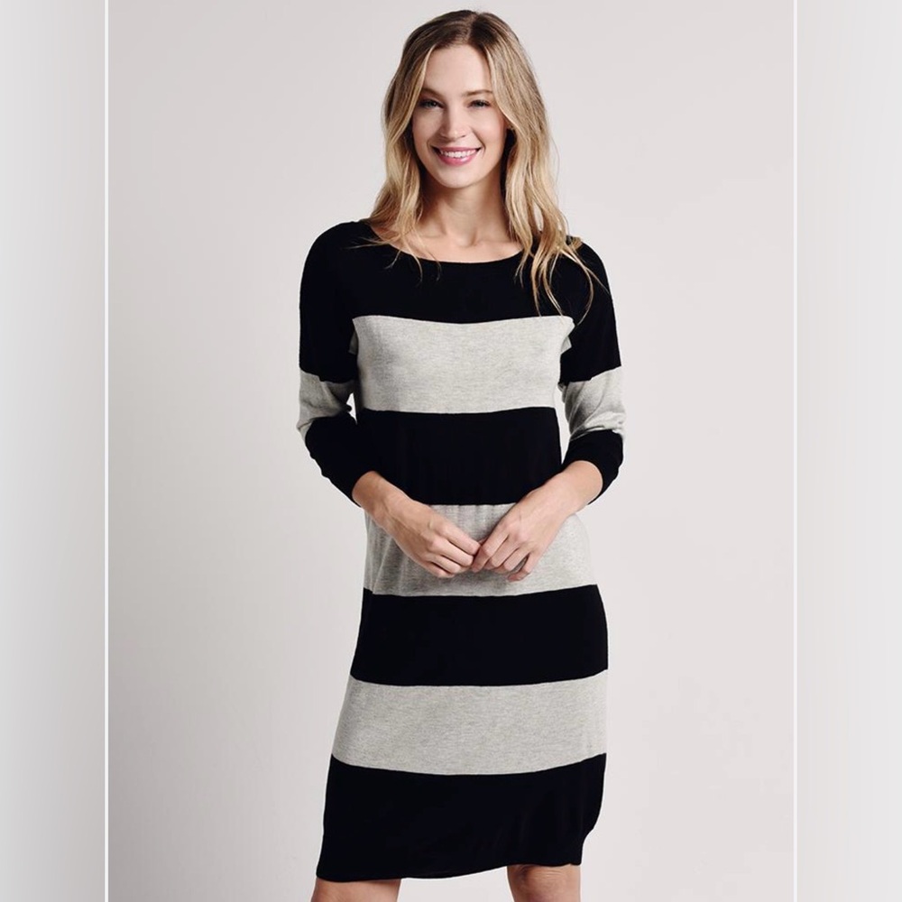 ATM — Black & Light Gray Wide Stripe Knit Tunic/Dress — Size L